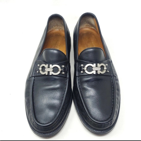 Salvatore Ferragamo Mens Loafers David Black Leather Horsebit Lug Shoes Size 8